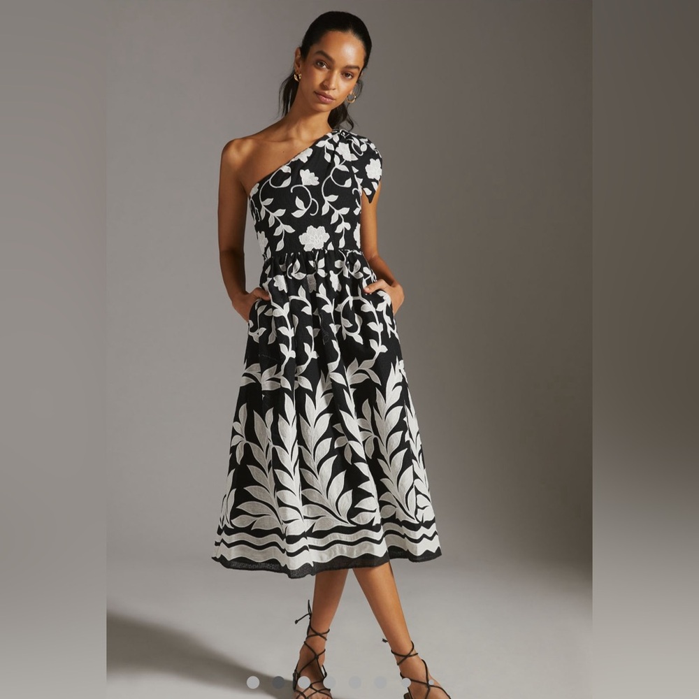 Anthropologie One Shoulder Embroidered Midi Dress